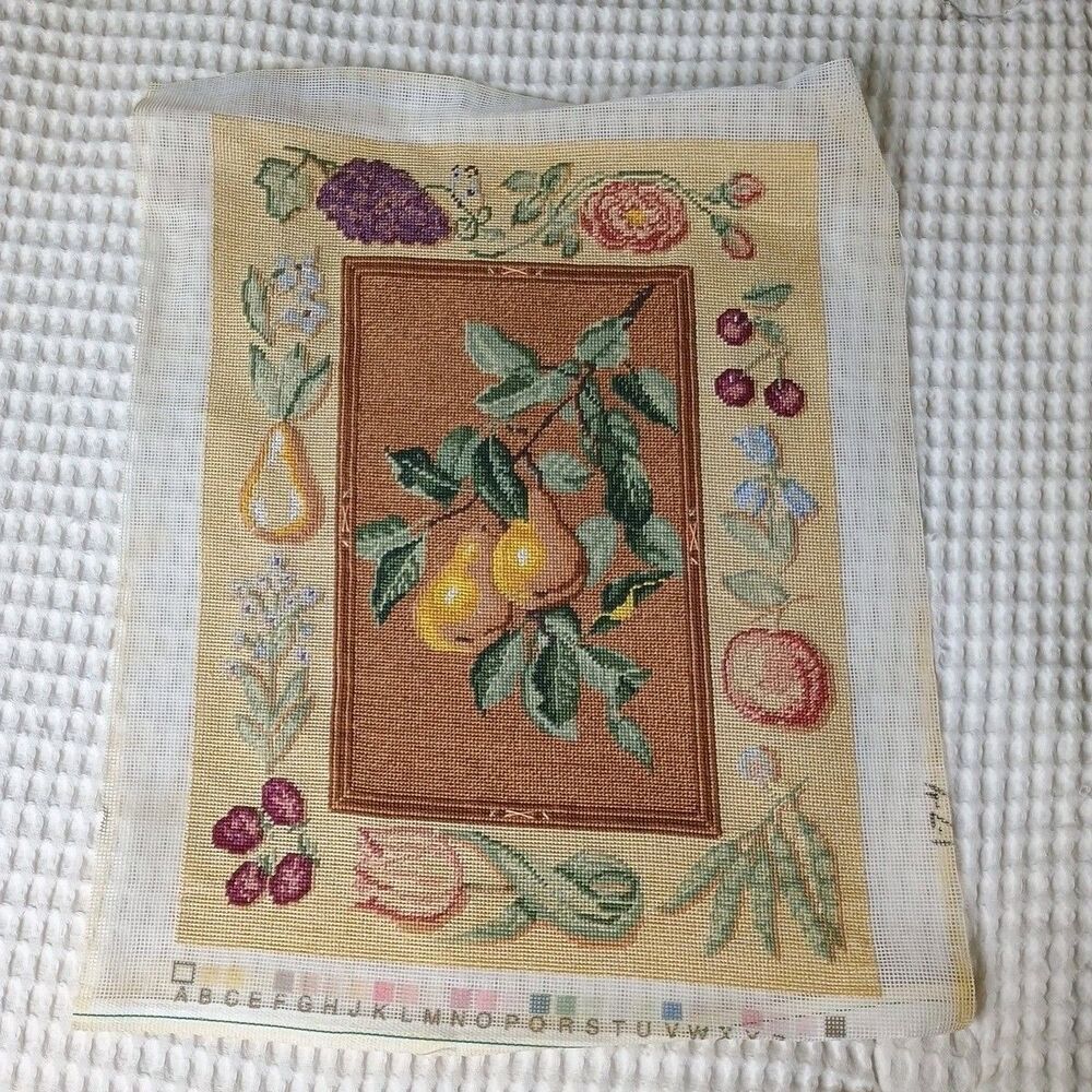 Needlepoint Vintage Fruit Pears Large 16.5"x12.5" Cottagecore Grannycore